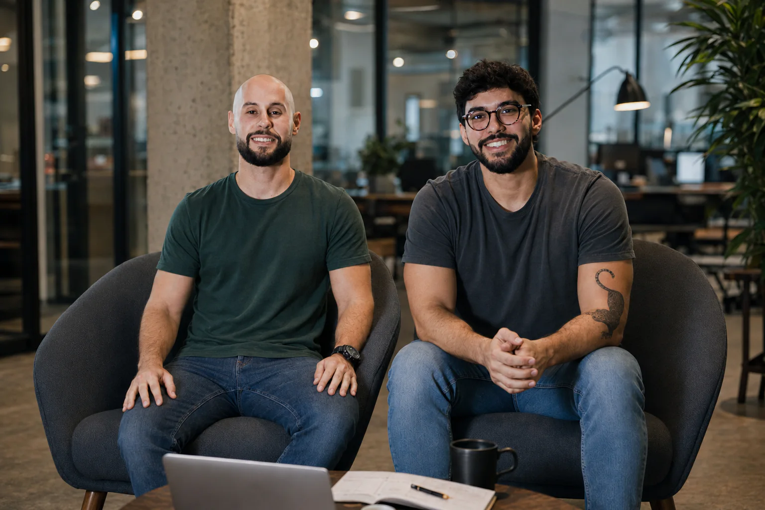 Vini e Igor, sócios da Detalhe Marketing, no escritório da agência