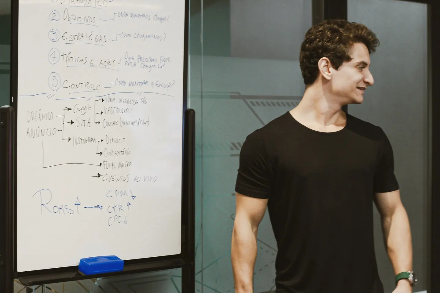 Integrante da equipe diante do quadro branco do escritório, com o planejamento escrito à mão